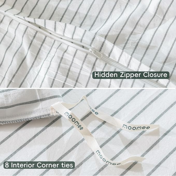 MooMee Striped Duvet Cover Set 100% Washed Cotton Linen Like Oversized King | Relaxed Linen-like Texture. Soft, Breathable & Long-lasting Comfort. Lightweight. Hidden Zipper with 8 Interior Corner Ties