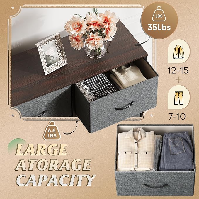 WLIVE Fabric Dresser for Bedroom, Tall Dresser with 8 Drawers, Storage Tower with Fabric Bins, Double Dressers, Chest of Drawers for Closet, Living Room, Hallway, Dark Gray | 8-drawer tall storage tower with fabric bins and wood tabletop, breathable no...