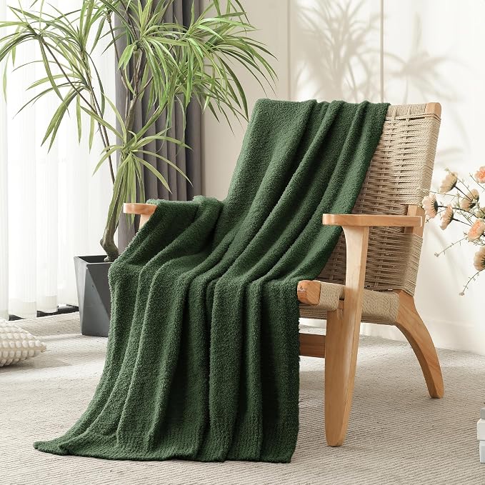 JOOJA Emerald Green Throw Blanket for Bed, Super Soft Knit Blankets, Cozy Fleece Fuzzy Fluffy Plush Chenille Throws Blanket for Couch, Sofa, Dark Green, 60 x 80 inches