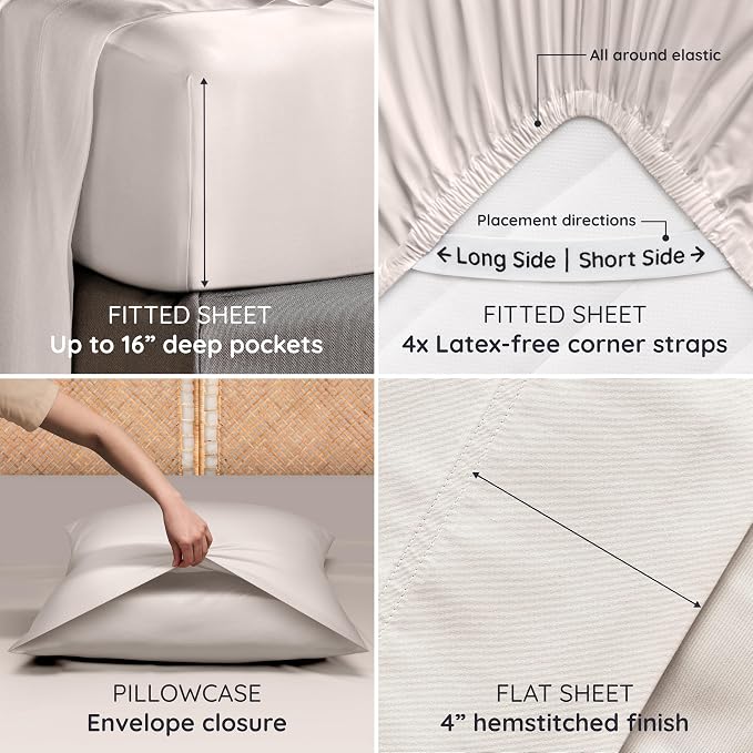 Bambaw 100% Viscose Derived from Bamboo Sheets Queen Size Set – 6pcs Cooling Queen Sheet Set, Deep Pocket Fits Up to 16'' with Elastic Corner Straps, Soft Sheets (Sand)