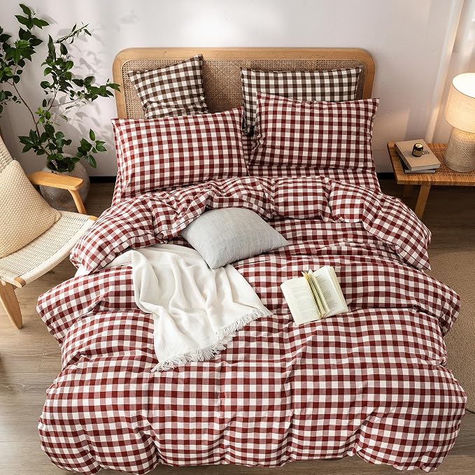 BESTOUCH Gingham Cotton Duvet Cover Set Fired Brick Red Twin | Washed Cotton, Linen Feel, Soft Wrinkle Texture, Hidden Zipper, 8 Ties, Breathable Lightweight Durable Comfy, 2 Pcs No Insert