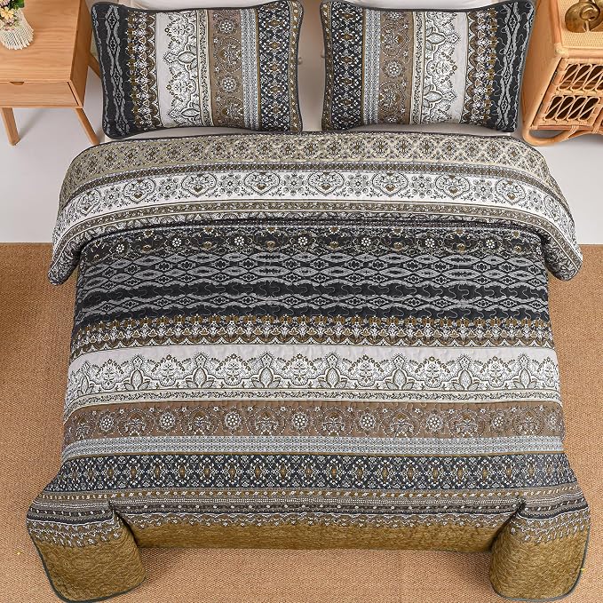 WONGS BEDDING Boho Quilt King Size,3 Pcs Bedspread Set, Brown | Colorful Bohemian Striped Printed Bedding for All Season, Lightweight Microfiber Coverlet Set with 2 Pillowcases(104"x90")