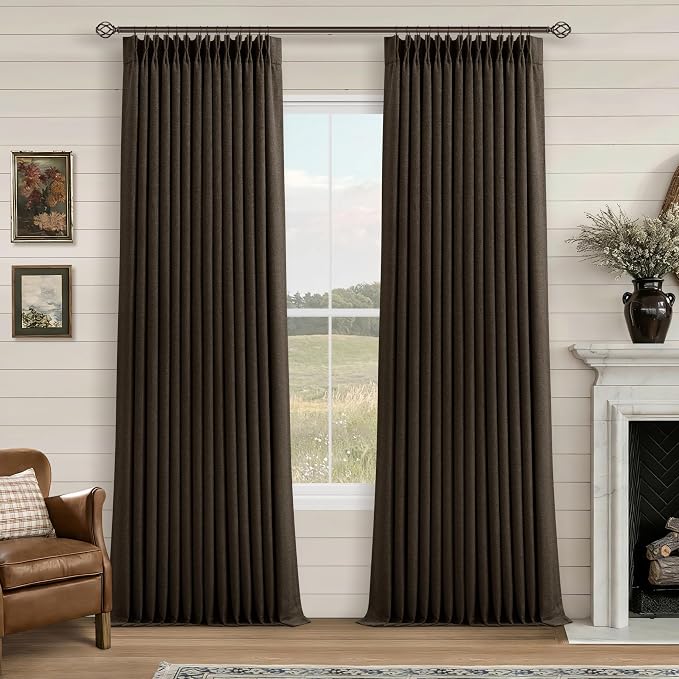 100% Blackout Linen 102 Inch Curtains 2 Panels for Bedroom Dark Chocolate | Pinch Pleated, Dark Brown Chocolate, Linen Textured, Insulated Heavy Curtain, Sliding Glass Door, Room Darkening Drapes