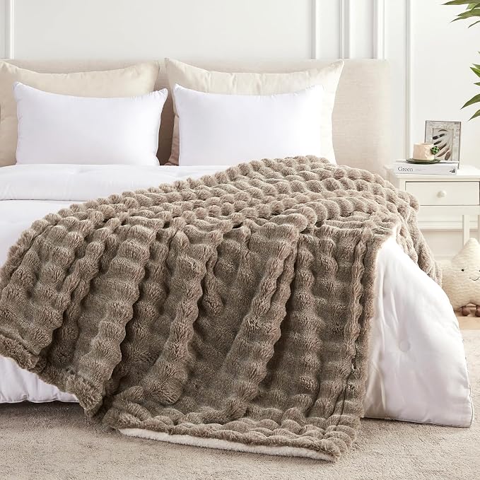 60x80 Inches Ultra-Soft Fuzzy Faux Fur Plush Twin Size Blanket - Thick, Warm Sherpa for Couch, Sofa, Bedroom, Camping - Decorative Blanket for Cozy Warmth, Bubble Dark Brown