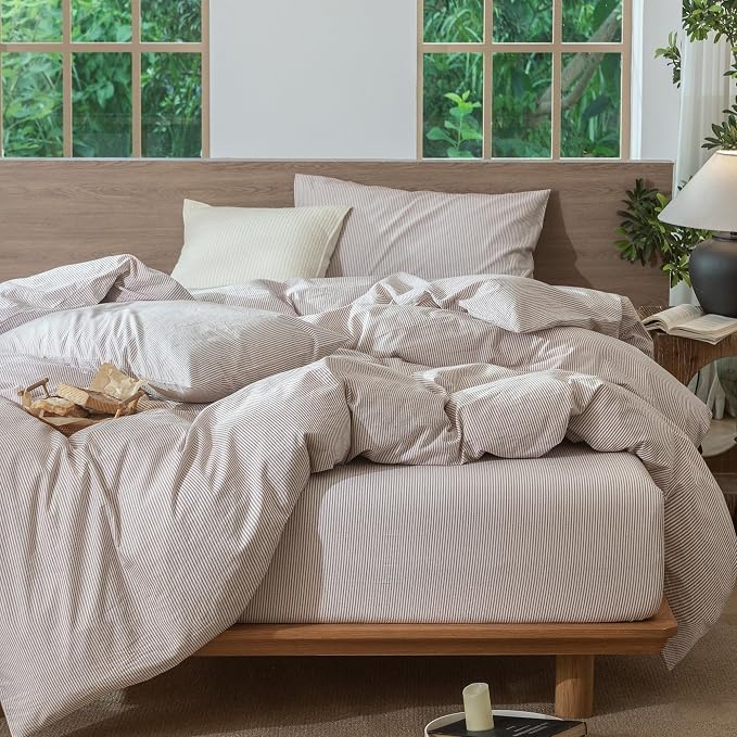 MooMee Striped Duvet Cover Set 100% Washed Cotton Linen Like Queen | Relaxed Linen-like Texture. Soft, Breathable & Long-lasting Comfort. Lightweight. Hidden Zipper with 8 Interior Corner Ties