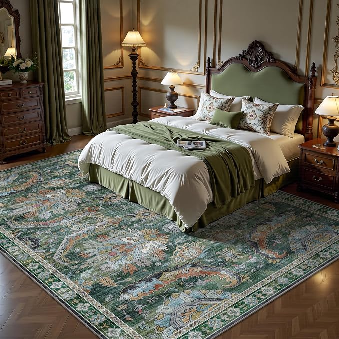 Washable Rug 6x9, Vintage Retro Soft Area Rug, Non-Slip Low Pile Rugs for Living Room, Bedroom, Dining Room, Stain Resistant Home Decor Rug (Green)
