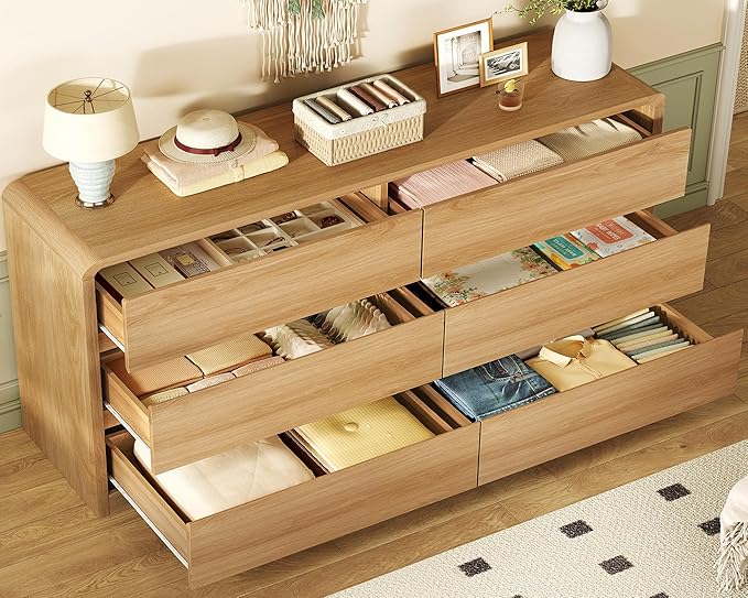 TEENFON 55" Dresser for Bedroom with 6 Drawers, Dressers & Chests of Drawers with Curved Profile Design, 6 Drawer Dresser, Bedroom Dressers, Wood Dressers for Bedroom, Hallway, Natural
