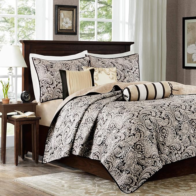 Madison Park Traditional Damask Jacquard Paisley Black King Quilt Set, 6pc | Lightweight Coverlet Bedspread Bedding Set, All Season, Machine Washable, Easy Care, Cozy, Breathable, Soft
