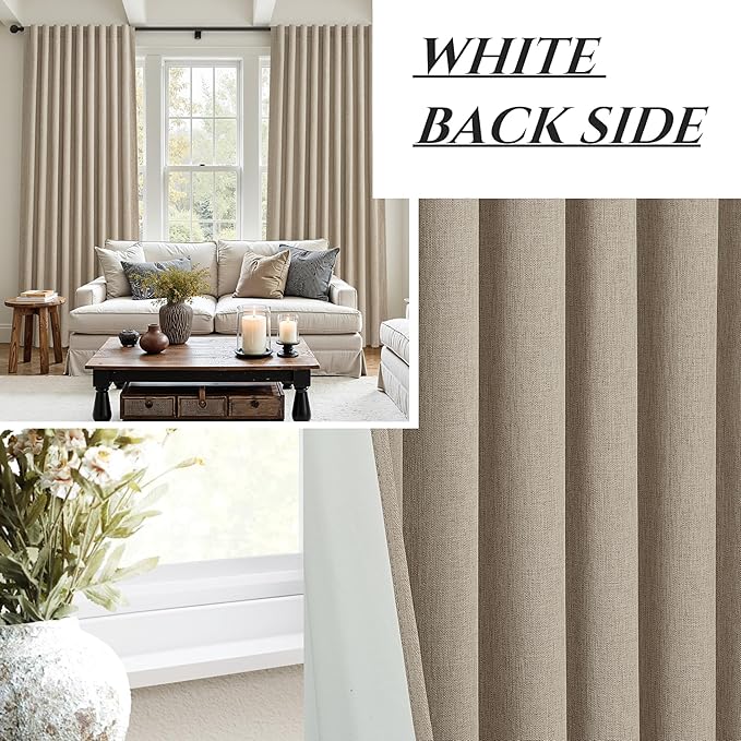 Extra Wide 60 Inch Blackout Curtains 96 Inches Long for Living Room, Rustic Boho Room Darkening Textured Linen Pleated Insulated Ceiling Track Large Window Drapes (60"W x 96"L 2 Panels Grey Beige)