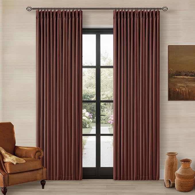 Chestnut Brown Pinch Pleated Blackout Linen 86 Inch Curtains for Bedroom | 100% Black Out Drapes with Liner, Rust Farmhouse Country, 86 Inch Curtain for Living Dining Room, Pinch Pleat with Back Tab