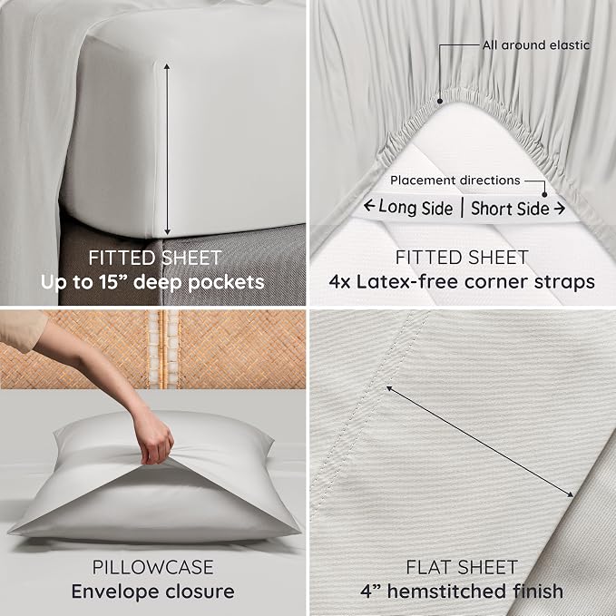 Bambaw 100% Viscose Derived from Bamboo Sheet Set Twin Size – 4-Piece Twin Size Sheets Set, Cooling, Smooth & Lightweight, Deep Pocket Design, Comfortable All Night (Moonlight Gray)