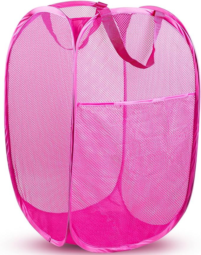 Pop Up Laundry Hamper, 70 L Collapsible Mesh Basket with Side Pocket, Pink | Reinforced handles, breathable fabric, foldable, portable for dorm college travel camping cruise, dirty clothes, toys storage