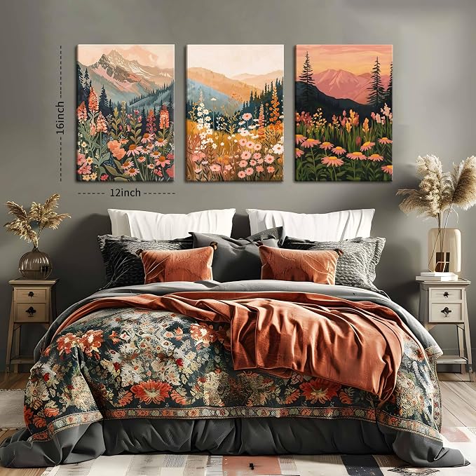 Framed Wildflower Mountain Landscape Wall Art Set of 3, Colorful Floral Wall Decor, Boho Sunset Landscape Canvas Artwork, Earth Tone Botanical Poster Prints for Living Room Bedroom 12x16 Inch