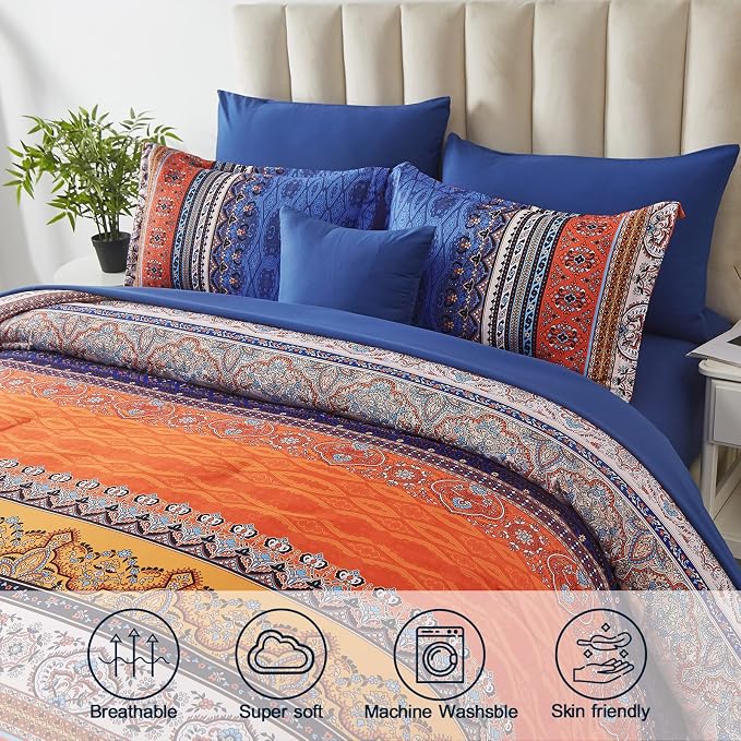 Cottolester Boho Comforter Set King Size 8 Piece Bed in a Bag Burnt Orange Paisley Fall Comforter and Sheet Set Bohemian Striped Bedding Set,Soft Microfiber Complete Bedding Set