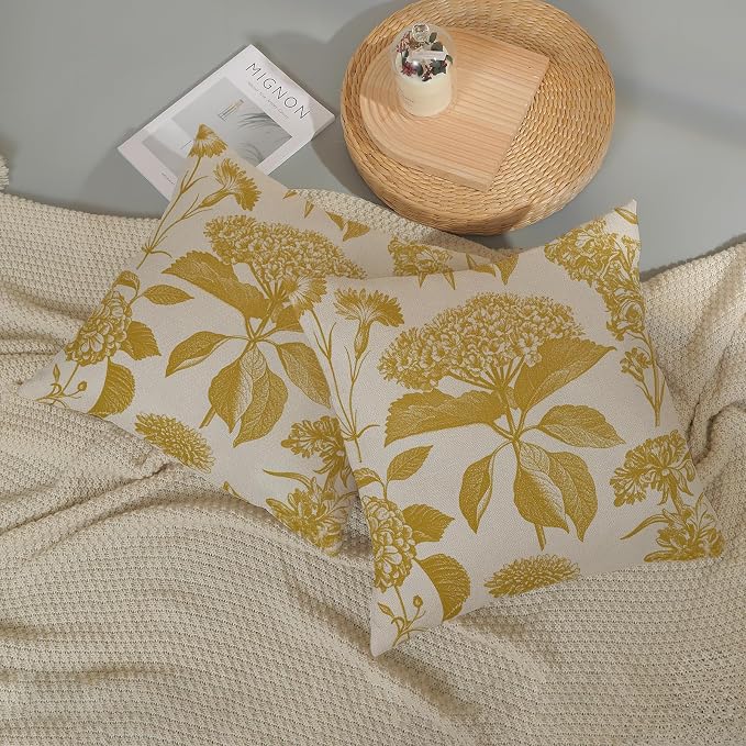 Mustard Yellow Pillow Covers 18x18 Inch 2 Pcs Boho Vintage Floral Decor Throw Pillows Hydrangea Flower Summer Outdoor Farmhouse Neutral Accent Decoration Pillowcase Linen Cushion Cover for Sofa