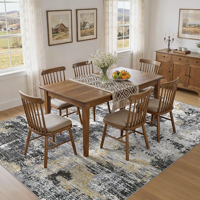 UERMEI 10x14 Area Rug for Living Room - Washable Neutral Modern Abstract Carpet, Non-Slip Soft Large Indoor Floor Rugs for Bedroom Home Office & Under Dining Table Decor, Black/White/Gold