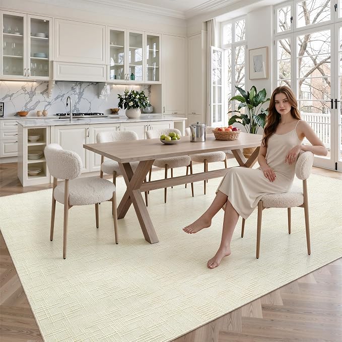 8x10 Area Rugs for Living Room, High-Low Pile Washable Rug, Ivory | Soft Fluffy Textured Design Non Slip & Lighweight, Folable, Stain Resistant Floor Carpet Rug for Bedroom, Dining Room, Office