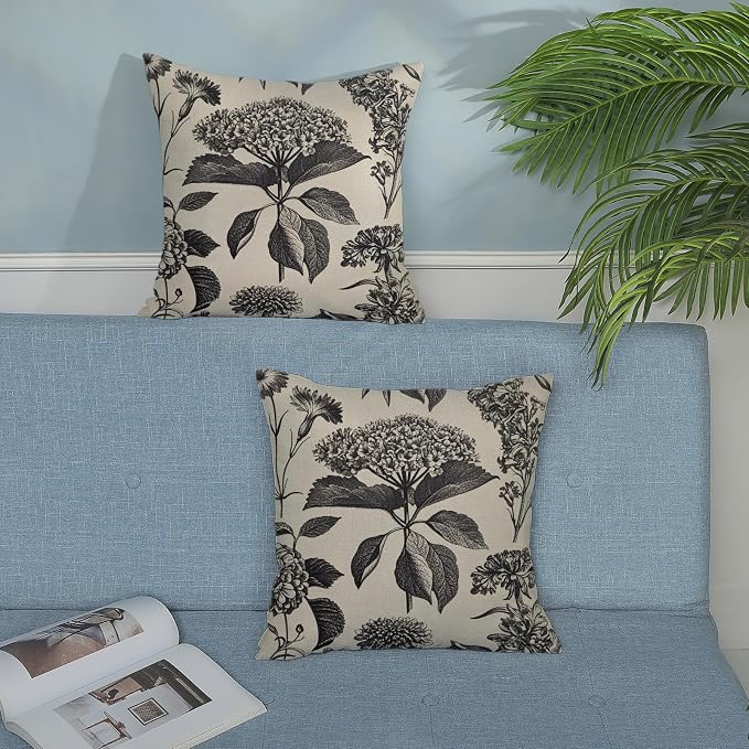 Black Pillow Covers 24x24 Inch 2 Pcs Boho Vintage Floral Decor Throw Pillows Hydrangea Flower Seasonal Outdoor Farmhouse Neutral Accent Decoration Pillowcase Linen Cushion Cover for Couch