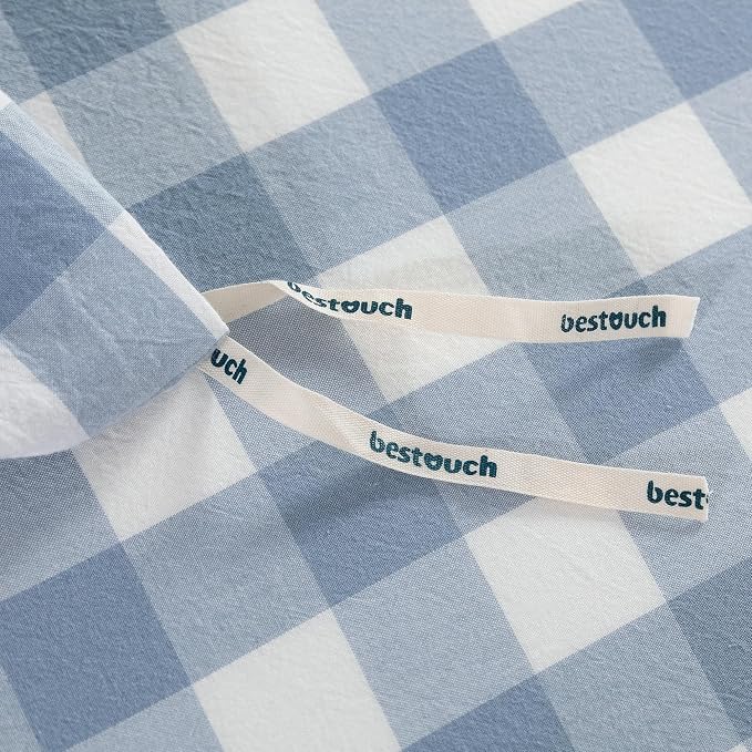 BESTOUCH Gingham Cotton Duvet Cover Set Cornflower Blue Twin | Washed Cotton, Linen Feel, Soft Wrinkle Texture, Hidden Zipper, 8 Ties, Breathable Lightweight Durable Comfy, 2 Pcs No Insert