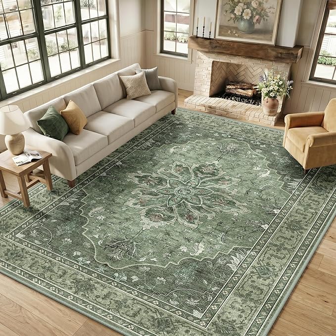 RELEANY Washable Area Rug, Large 9'x12', Green/Dark Green/Gray | Non-Slip, Water Repellent, Pet Friendly, Easy to Clean, Vintage Floral Boho Decor for Living Room Bedroom Dining Room