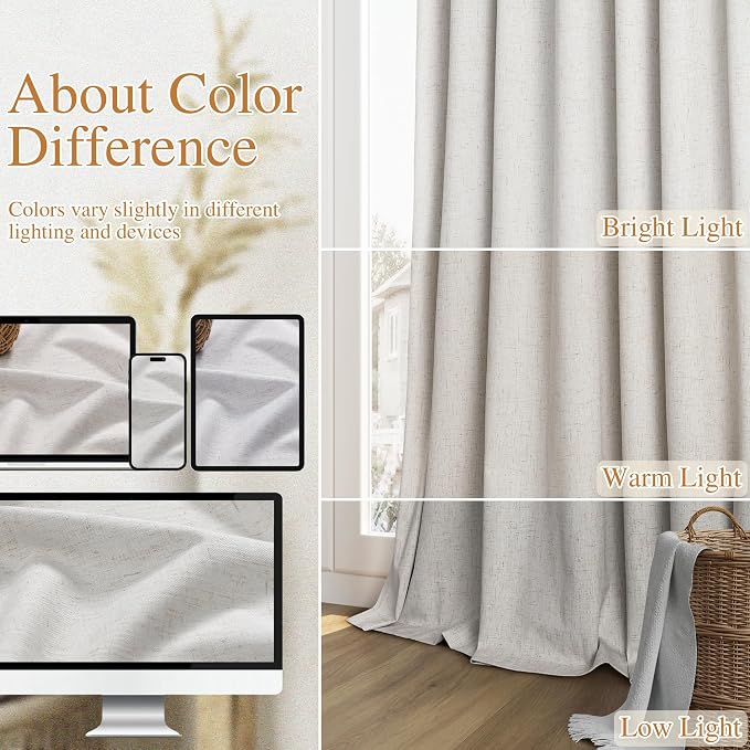 108 Inch Long Natural 100% Blackout Curtains for Living Room Bedroom Back Tab Thermal Insulated Netural Farmhouse Black Out Linen Drapes Room Darkening Window Curtain 2 Panels Set, 9 FT
