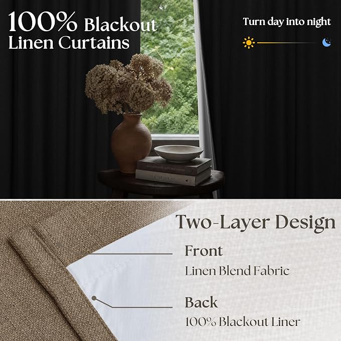 TWODRAPES Latte 80 Inch Pinch Pleated Linen Blackout Curtains for Living Room