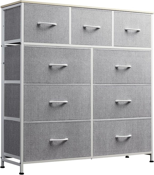 WLIVE Tall Dresser for Bedroom, 9 Drawer Chest of Drawers, Light Grey | 9 roomy fabric drawers, Tall storage design, Bedroom or closet use, Sturdy steel frame, Smooth wood tabletop