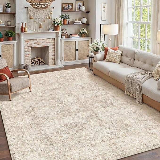 9x12 Beige Neutral Living Room Bedroom Area Rug | Washable, Soft, Non Slip, Low Pile, Vintage, Distressed, Carpet for Dining Room Nursery Office Indoor Home Decor
