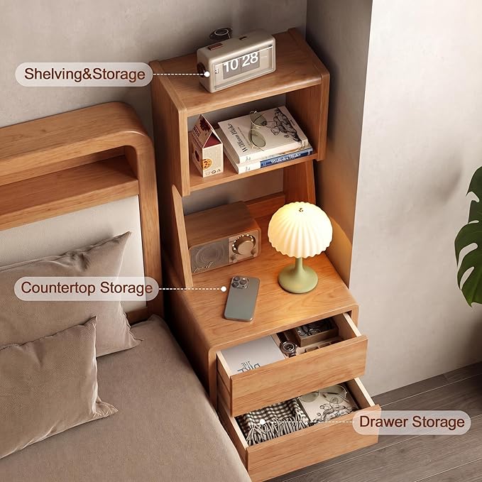 Solid Wood Bookshelf Nightstand Combo, Tall Nightstand with Bookshelf | Oak Nightstand Bookshelf,Solid Wood Nightstand with Drawers,Open Shelf Bookcase,for Bedroom,Living Room,Offices
