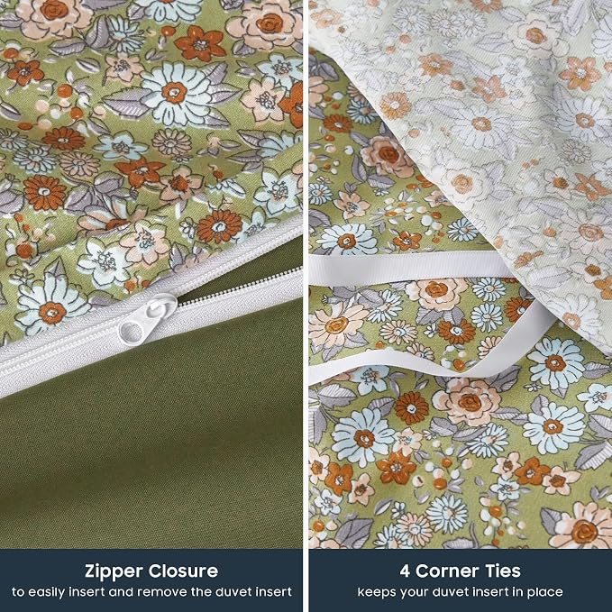 Wake In Cloud - Floral Duvet Cover Set, Cute Vintage Flower Cottagecore Aesthetic for Women Teen Girls, Soft Lightweight Bedding, 3-Piece, Olive Green, Twin/Twin XL Size