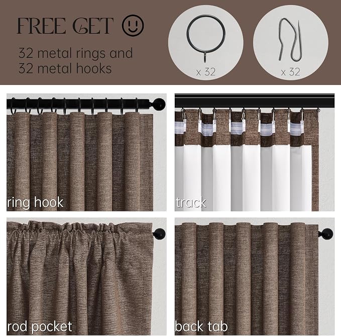 Topfinel 96 Inch Blackout Linen Curtains 2 Panel Set for Living Room Darkening Back Tab Thick Linened Textured 100% Black Out Drapes 96 Inches Long Light Blocking Kids Bedroom Dark Brown