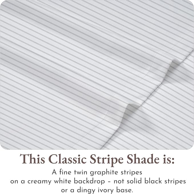 Soft Natural 100% Cotton Sateen King Size Bed Sheets, Classic Stripe Print | Backed by Good Housekeeping Seal, Light & Breathable For Hot Sleepers, 14" Deep Pocket Set, All-Around Elastic, Durable