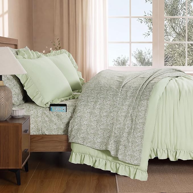 Queen Comforter Set-7 Pieces Ruffle Bedding with Floral Sheet | Tint Green Bed in a Bag, Soft Lightweight All Season Farmhouse Queen Bedding Sets with Floral Sheets, Pillowcases & Shams