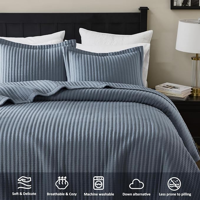 WDCOZY Dusty Blue Queen Size Quilt Set, Striped Pick Stitch Bedspread | Lightweight Soft Channel Coverlet, Spring Summer Thin Comforter, Farmhouse Rustic Country Bedding