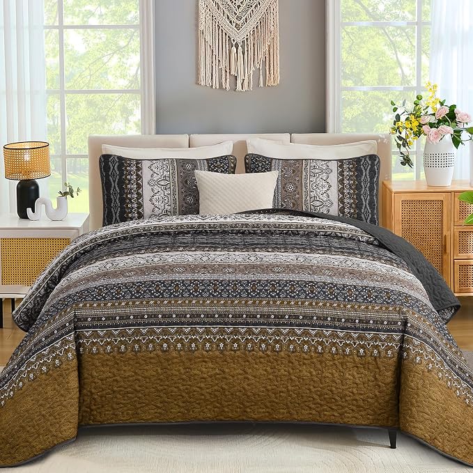WONGS BEDDING Boho Quilt King Size,3 Pcs Bedspread Set, Brown | Colorful Bohemian Striped Printed Bedding for All Season, Lightweight Microfiber Coverlet Set with 2 Pillowcases(104"x90")