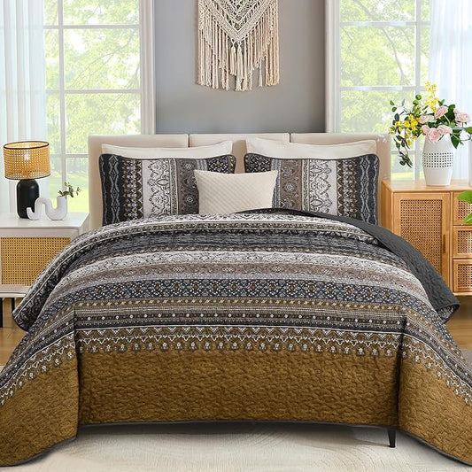 WONGS BEDDING Boho Quilt King Size,3 Pcs Bedspread Set, Brown | Colorful Bohemian Striped Printed Bedding for All Season, Lightweight Microfiber Coverlet Set with 2 Pillowcases(104"x90")