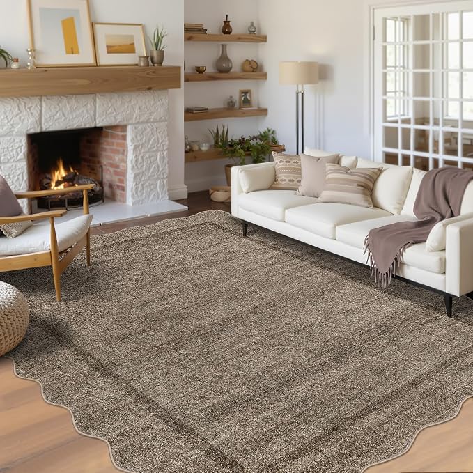 GarveeHome Scalloped Washable Rugs 10x13 Rug for Living Room Non Slip Taupe | Modern Bedroom Rug Taupe Large Area Rug Throw Rugs Soft Low Pile Stain Resistant Carpet for Dorm Dining Room 10 ft x13 ft