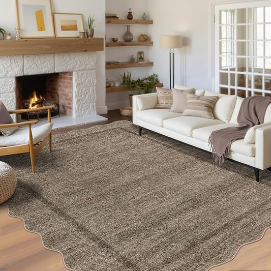 GarveeHome Scalloped Washable Rug 6x9 Area Rugs for Living Room Taupe | Modern Taupe Nursery Rug Large Area Rug for Bedroom Non Slip Throw Rugs Soft Low Pile Stain Resistant Carpet for Classroom