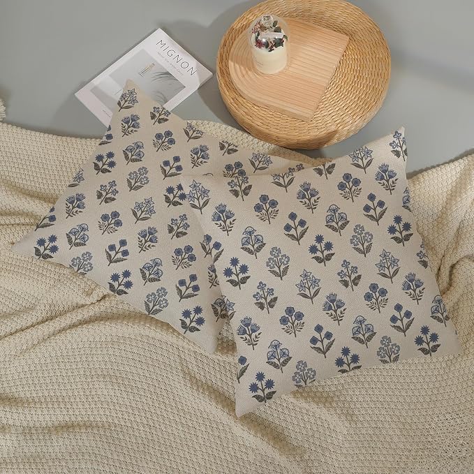 Blue Grey Pillow Covers 20x20 Inch 2 Pcs Gray Block Print Vintage Floral Decor Throw Pillows Boho Flower Spring Summer Outdoor Seasonal Decoration Pillowcase Linen Cushion Cover for Couch Sofa