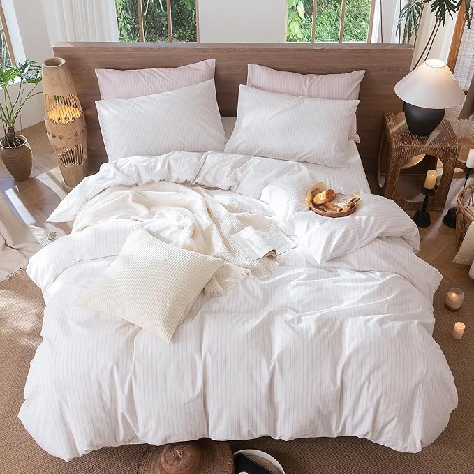 MooMee Striped Duvet Cover Set 100% Washed Cotton Linen Like Full | Relaxed Linen-like Texture. Soft, Breathable & Long-lasting Comfort. Lightweight. Hidden Zipper with 8 Interior Corner Ties