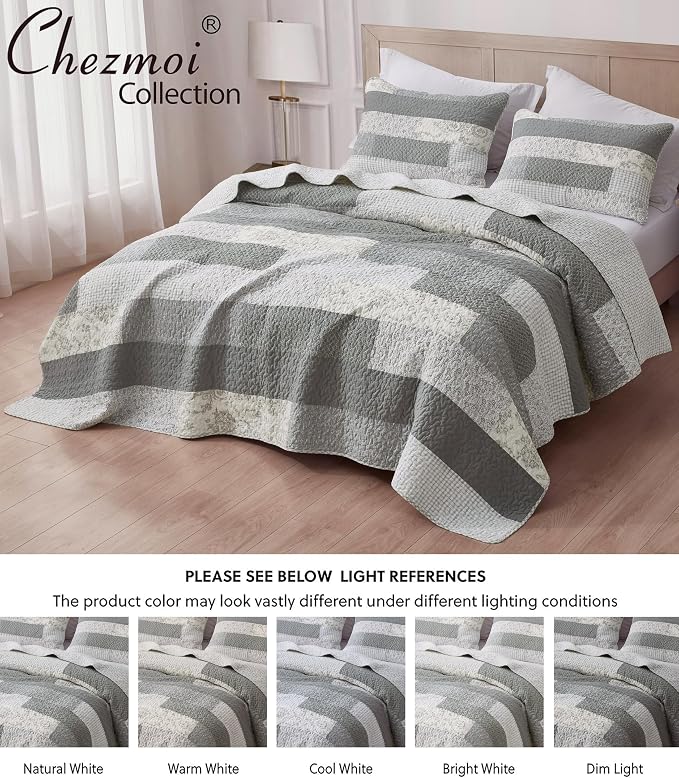Chezmoi Collection Caleb 3-Piece Muted Gray White Ivory Floral Plaid Rectangular Patchwork Quilt Set - Pre-Washed Cotton Quilted Lightweight Reversible Bedspread for All Seasons, Super King 128x110