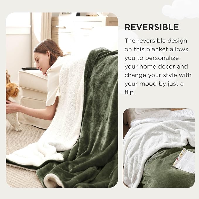 Bedsure GentleSoft Sherpa Fleece Cal King Blankets for Bed, Non-Heated, Thick and Warm Oversized Throw for Women and Men, Soft Fuzzy Plush Large Blanket for Winter, Olive Green, 112x98 Inches