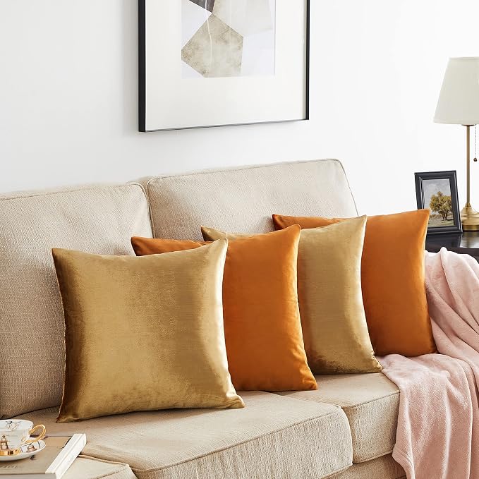 GIGIZAZA Pack of 4 Decorative Velvet Pillow Covers 16x16 Orange Gold | Throw Pillows for Couch Sofa,280gsm Soft Textured Fabric,Modern Accent Pillowcases,Luxury Living Room Cushion Covers