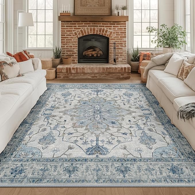 RELEANY Washable Area Rug, Square 8'x8', Blue/White/Gray | Non-Slip, Water Repellent, Pet Friendly, Easy to Clean, Vintage Floral Boho Decor for Living Room Bedroom Dining Room Office