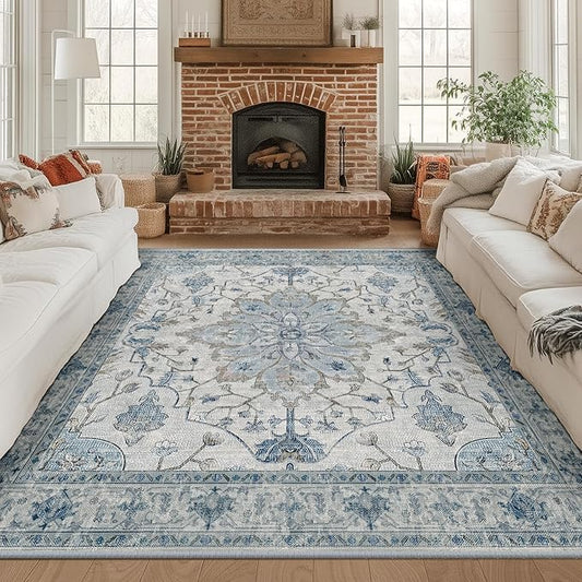 RELEANY Washable Area Rug, Square 8'x8', Blue/White/Gray | Non-Slip, Water Repellent, Pet Friendly, Easy to Clean, Vintage Floral Boho Decor for Living Room Bedroom Dining Room Office