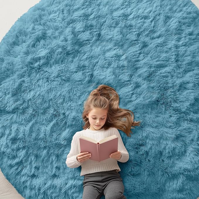 OLANLY Slate Blue Round Rugs for Bedroom - Machine Washable, 9 ft Circle Area Rugs for Living Room, Soft and Fluffy Shaggy Carpet for Teen Girl and Boys, Nursery Rooms, Dorms, Home Decor Aesthetic
