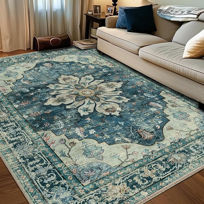 RELEANY Washable Area Rug, 6'x8', Blue/Vintage Dark Blue | Non-Slip, Water Repellent, Pet Friendly, Easy to Clean, Vintage Floral Boho Decor for Living Room Bedroom Dining Room Office