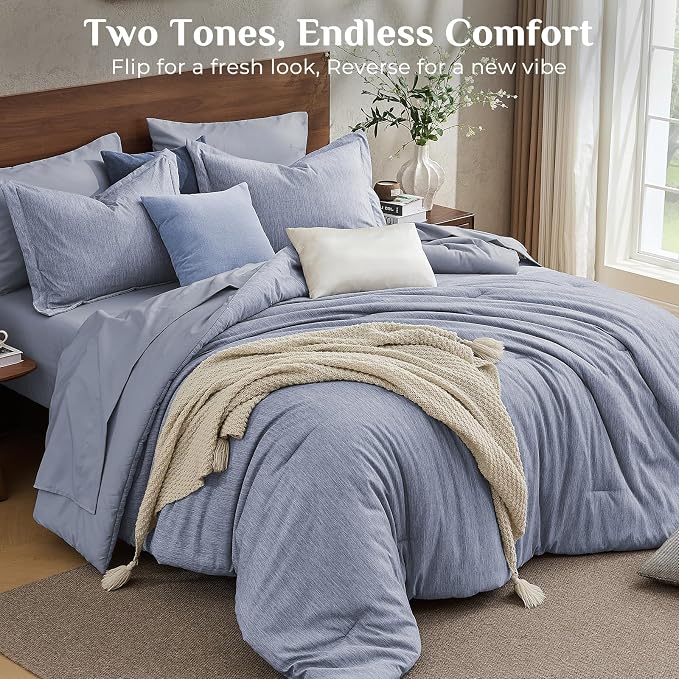 JOLLYVOGUE Navy Blue King Comforter Set, Cationic Dyeing Bed in a Bag King 7 Pieces, Double-Tone Bedding Set with Down Alternative Comforter, Sheets, Pillowcases & Shams