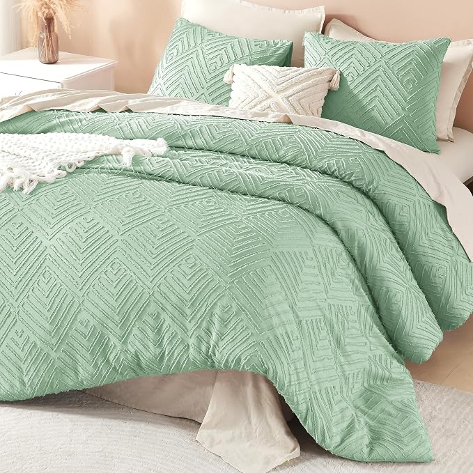 Litanika Queen Size Comforter Set, 3 Pieces Tufted Boho Bedding Set | Sage Green Farmhouse Shabby Chic Vintage Bohemian Textured Aesthetic Soft Fluffy Lightweight Breathable All Season Bed Set