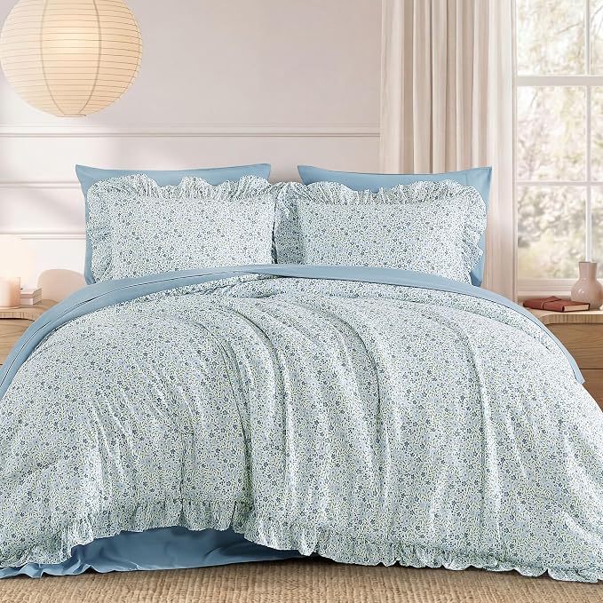 King Size Comforter Set-7 Pieces Floral Ruffle Bedding Set | Blue Ditzy Bed in a Bag, Soft Lightweight All Season Farmhouse King Size Bedding Sets with Sheets, Pillowcases & Shams